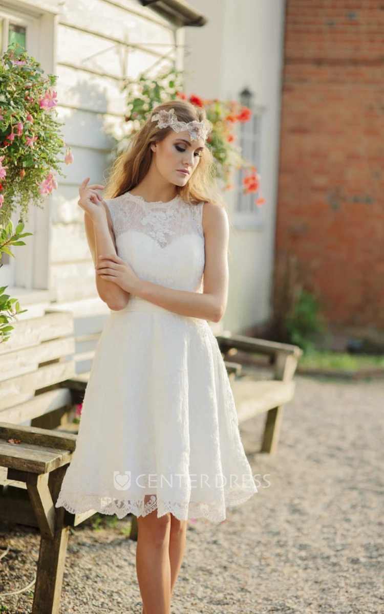 A-line Jewelry Neckline Sleeveless Illusion Knee-length Lace Wedding Dress