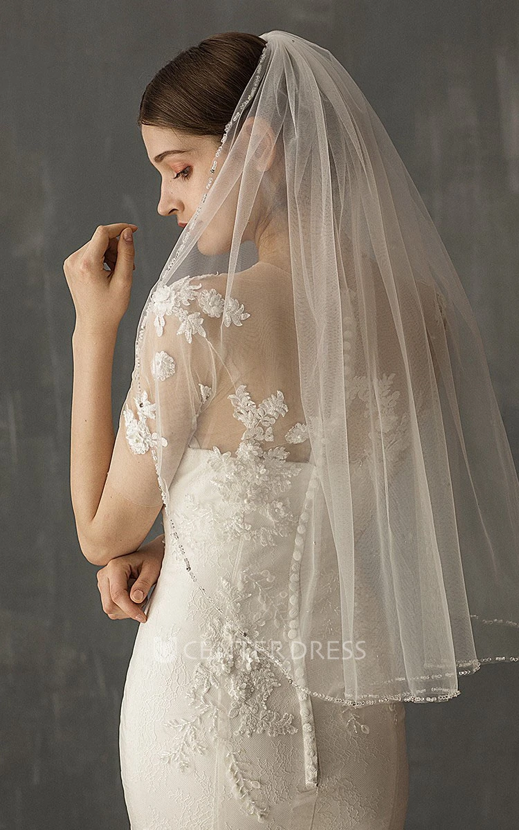Chic White Tulle Elbow Veil with Beads