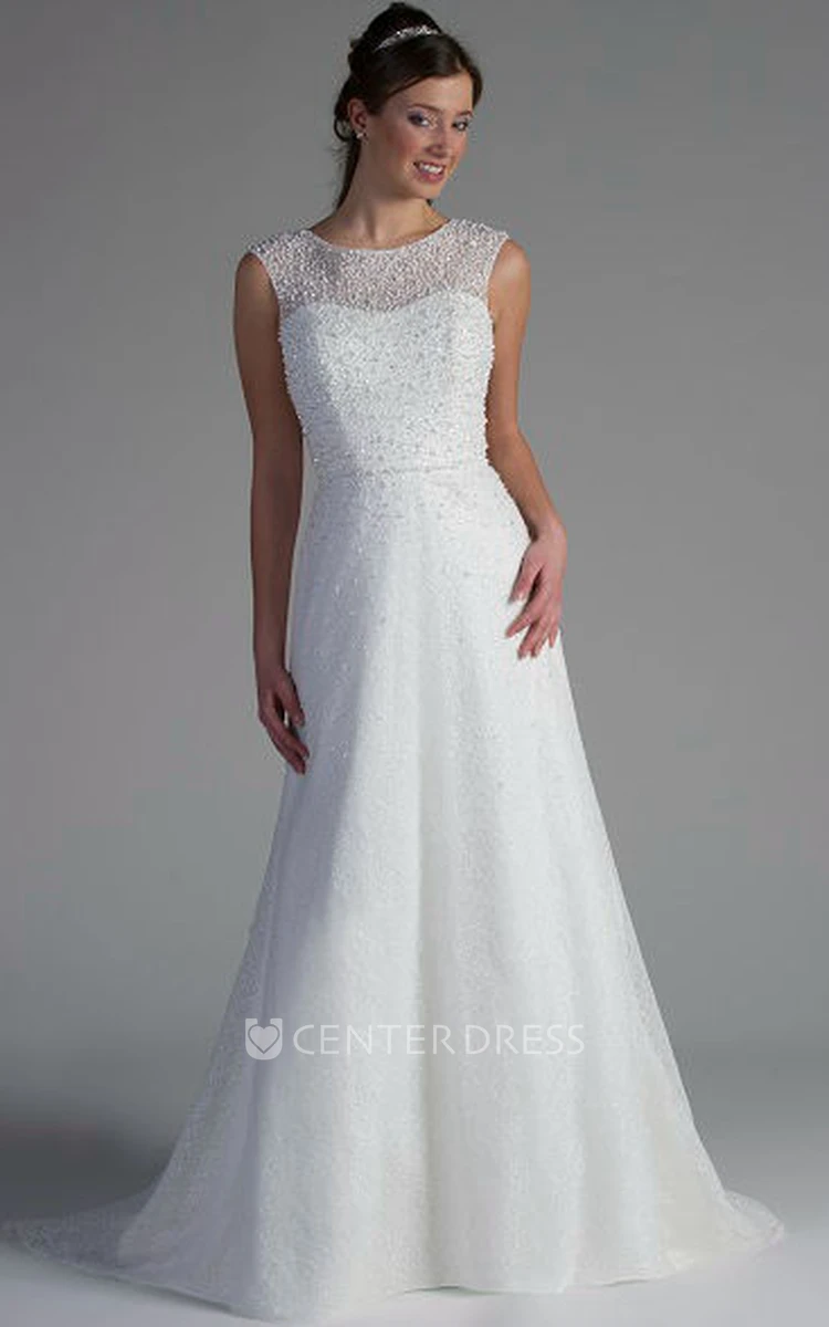Scoop Neck A-Line Tulle Bridal Gown With Pearl Bodice