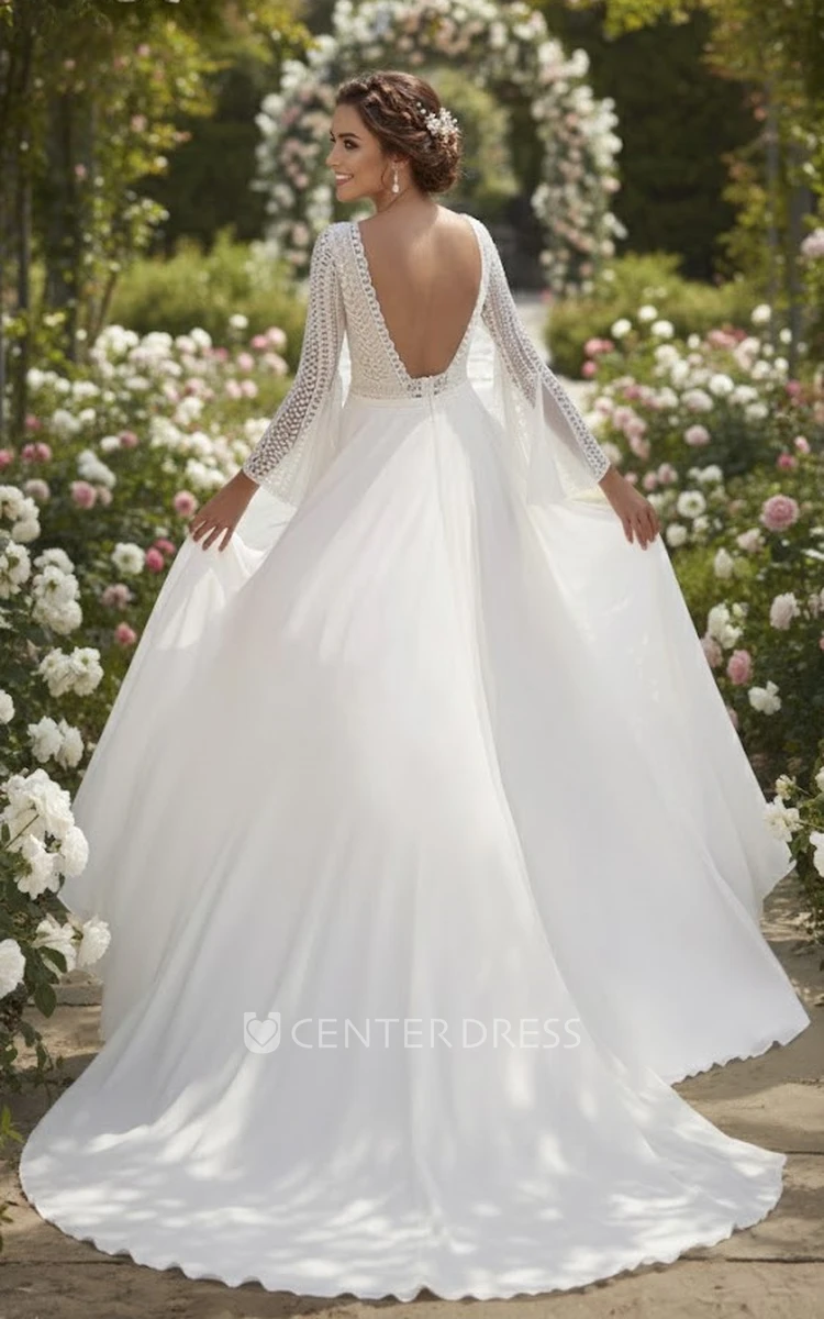 A-Line Lace Boho Long Sleeve Spring Wedding Dress Casual V-Neck Chiffon Bridal Gown For Outdoor Ceremonies