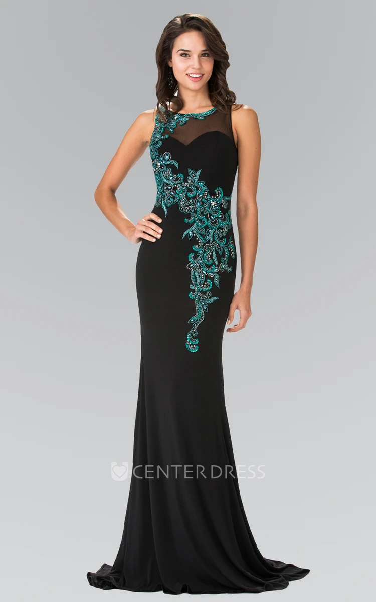 Sheath Maxi Scoop-Neck Sleeveless Jersey Illusion Dress With Beading And Appliques