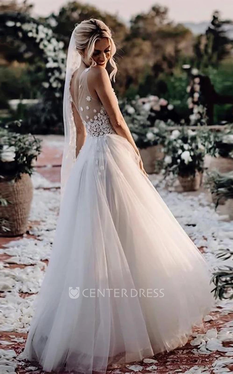 A Line Sleeveless Lace Tulle Bohemian Illusion Deep-V Back Wedding Dress with Appliques