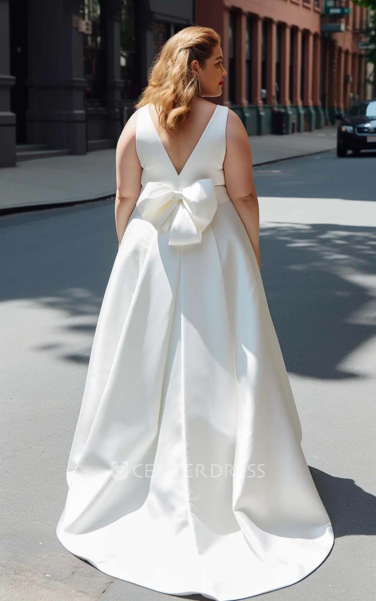 Plus Size Satin A-Line Wedding Dress Sleeveless Simple Modern Ethereal Sweep Train