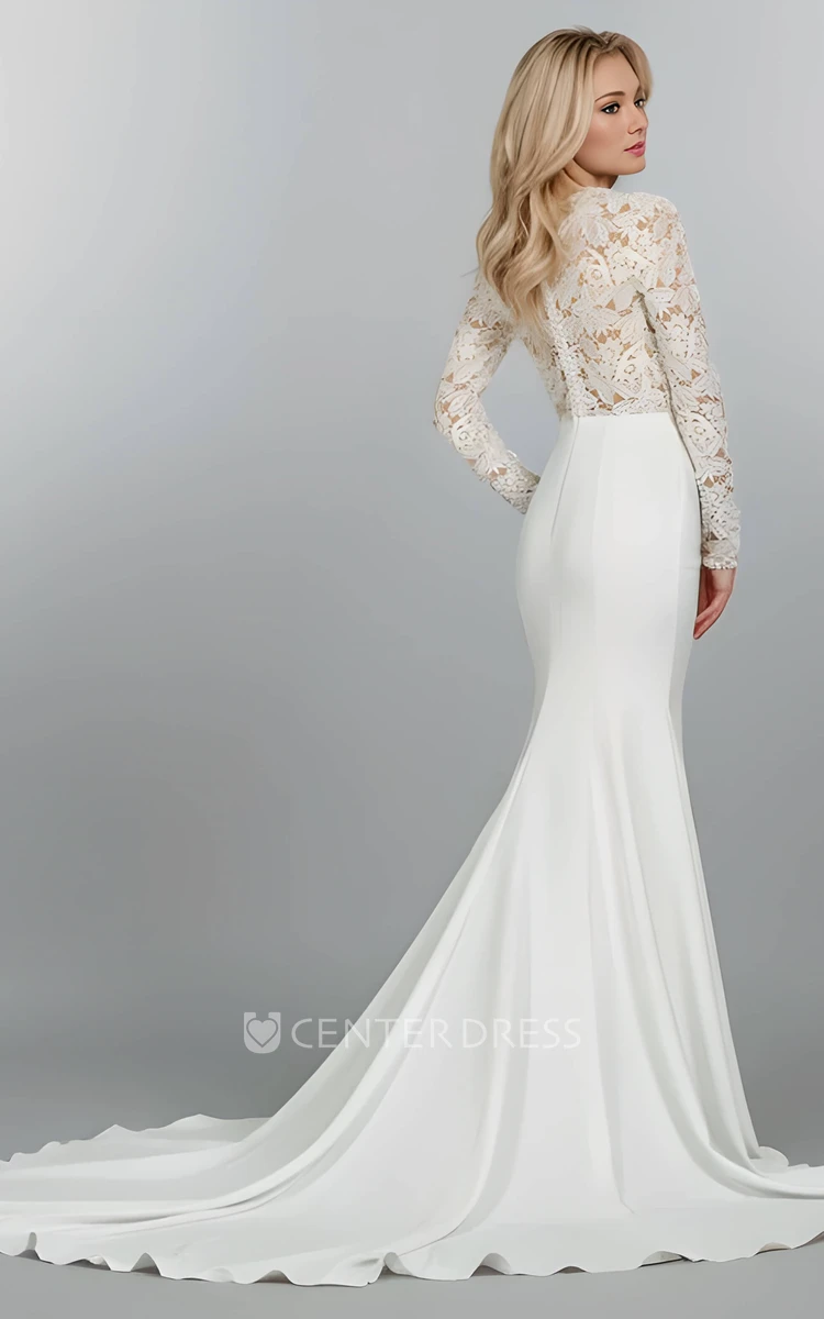Sexy Plunging V Neck Mermaid Lace Long Sleeve Vintage Wedding Dress for Women