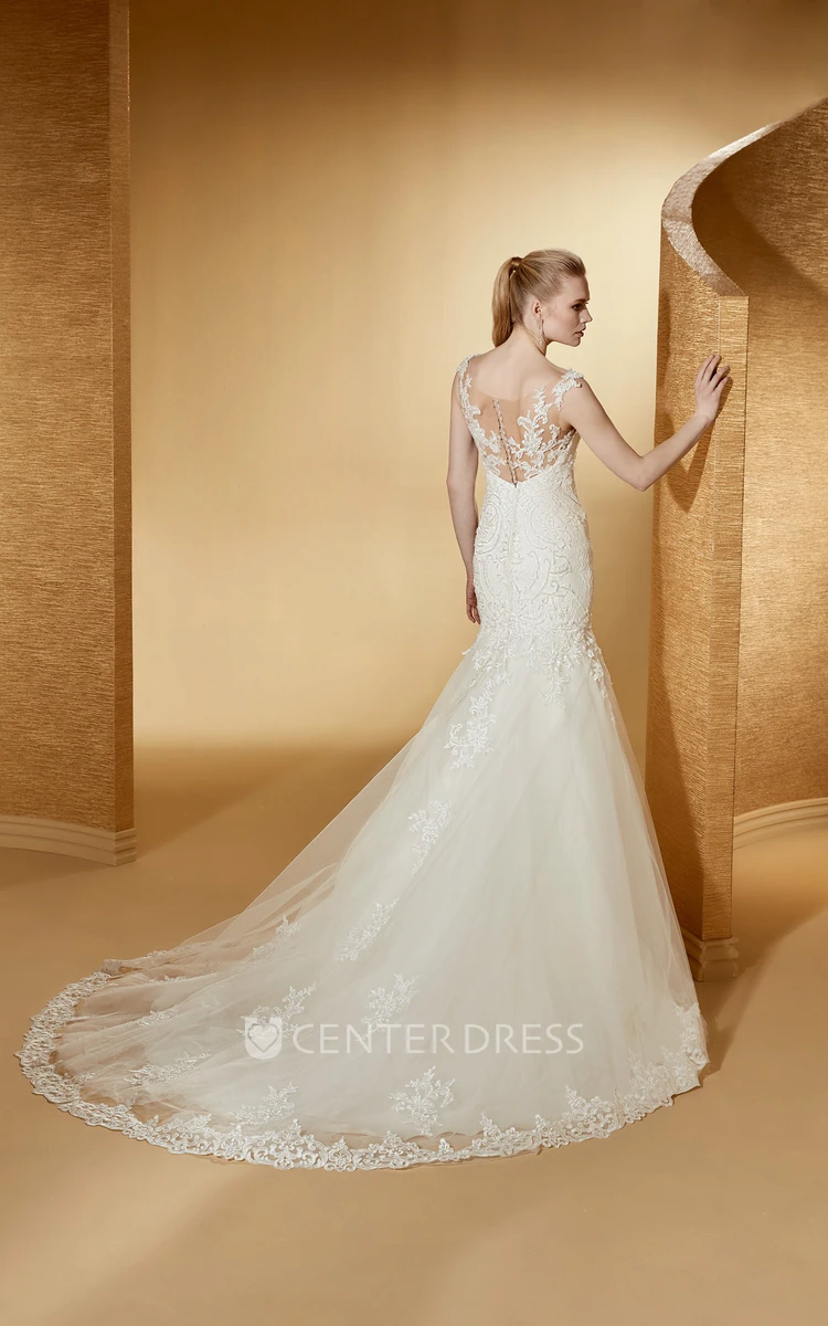 Scooped-Neck Mermaid Lace Long Wedding Dress With Beautiful And Brush Train