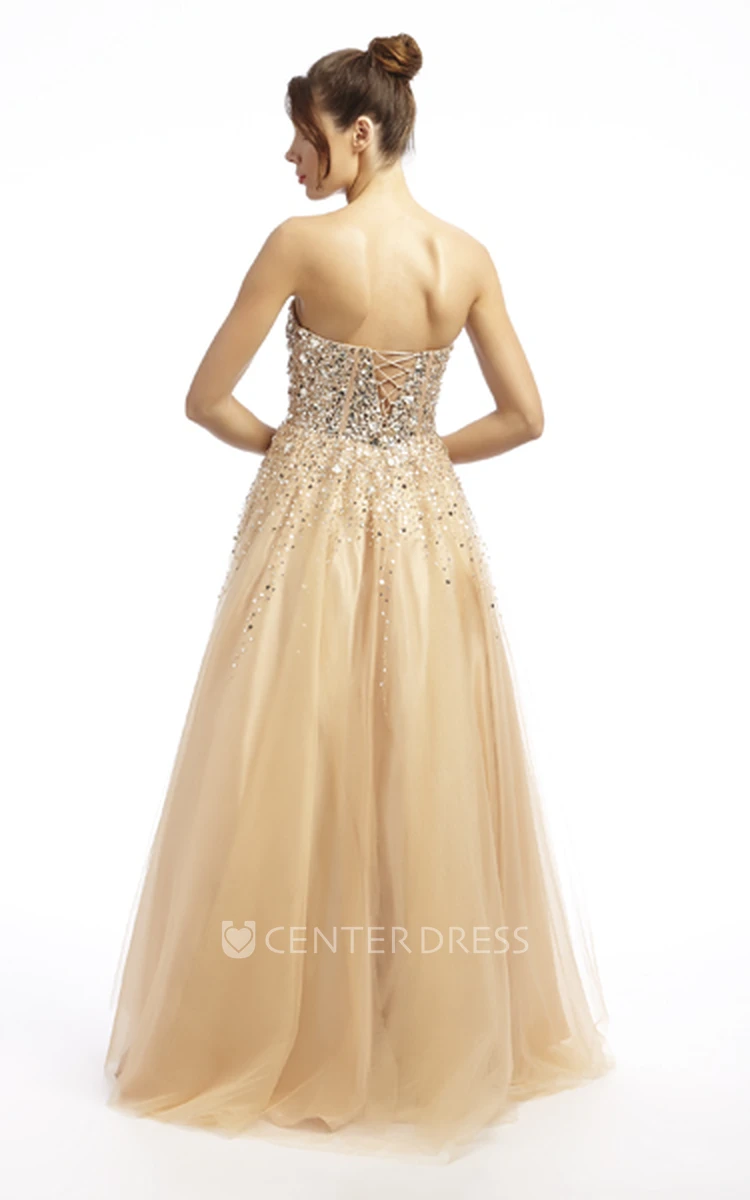 A-Line Sequined Sweetheart Long Sleeveless Tulle Prom Dress With Beading