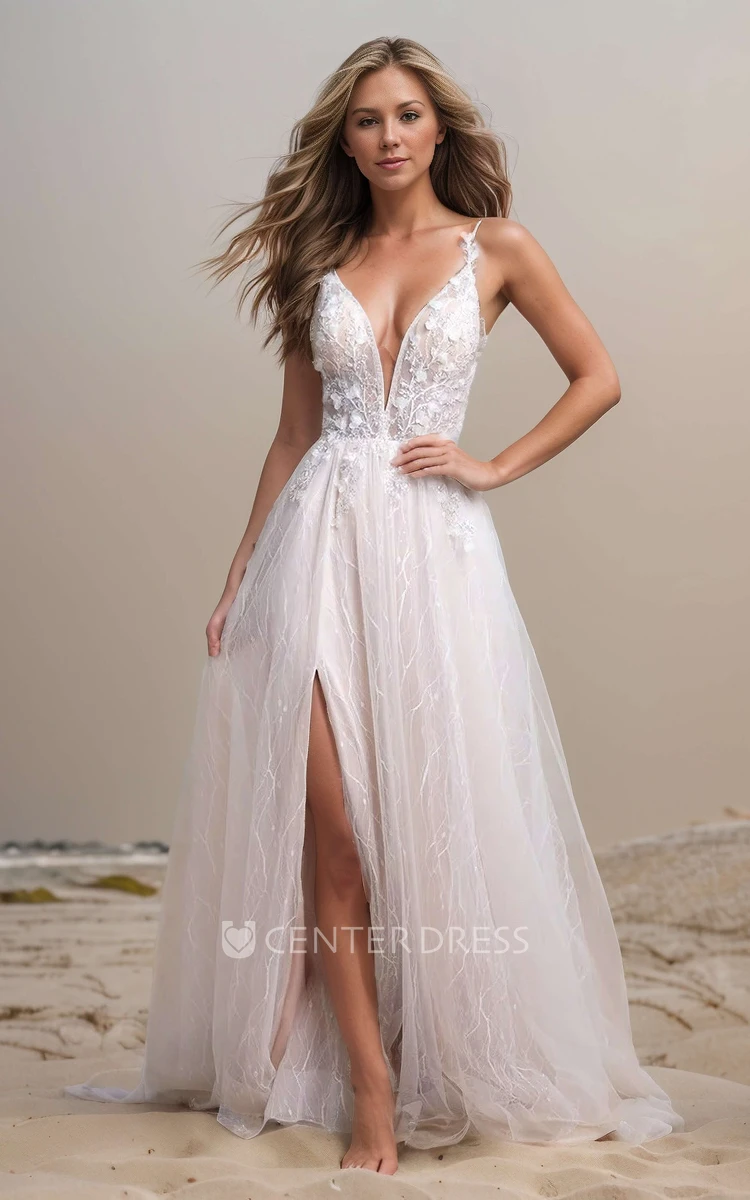 Beach Ethereal A-Line Boho Lace Wedding Dress with 3D Flowers Fairy Sparkly Sequins Spaghetti Straps Sleeveless Split Front Bridal Gown