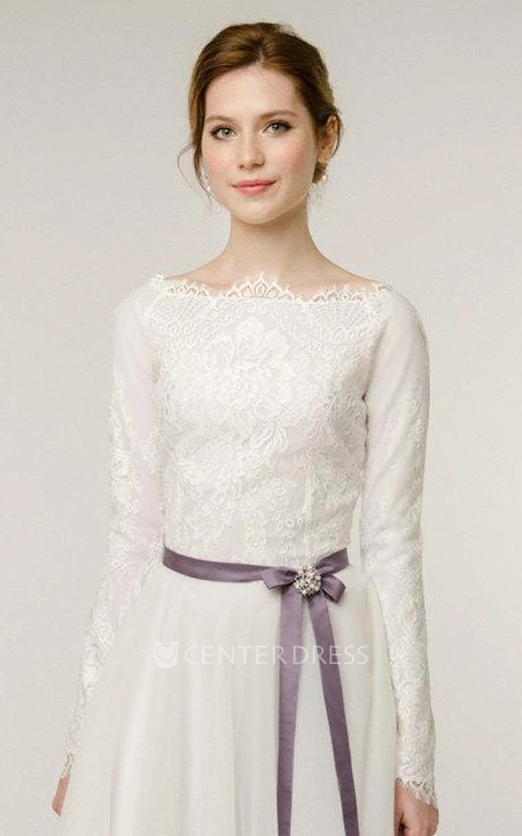 Long Sleeve Natural Tulle Lace Wedding Dress