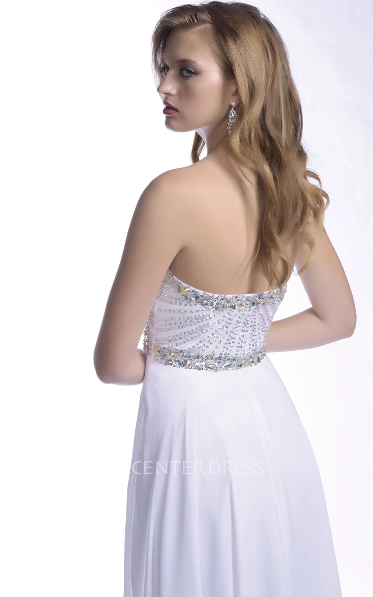 Sweetheart A-Line Sleeveless Chiffon Prom Dress Featuring Glimmering Rhinestones And Jeweled Belt