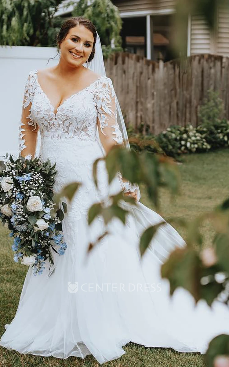 Plus Size V-Neck Illusion Long Sleeve Adorable Lace Mesh Garden Wedding Dress with Appliqués