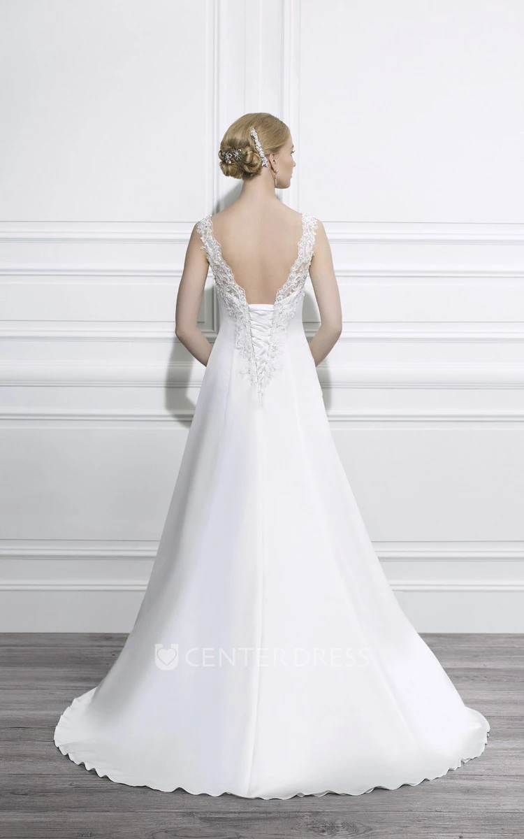 A-Line Sleeveless Floor-Length V-Neck Side-Draped Satin Wedding Dress With Sweep Train And Lace-Up Back