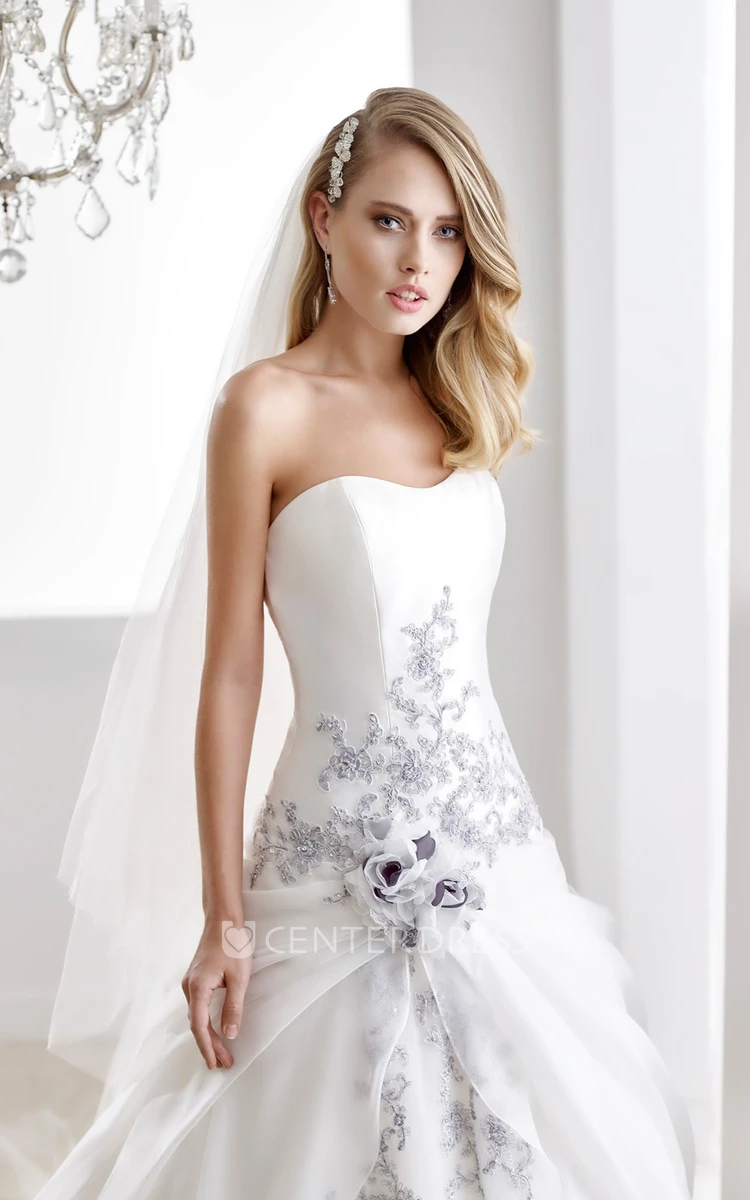 Strapless A-line Satin Dress with Striking Appliques and Flower Ruching