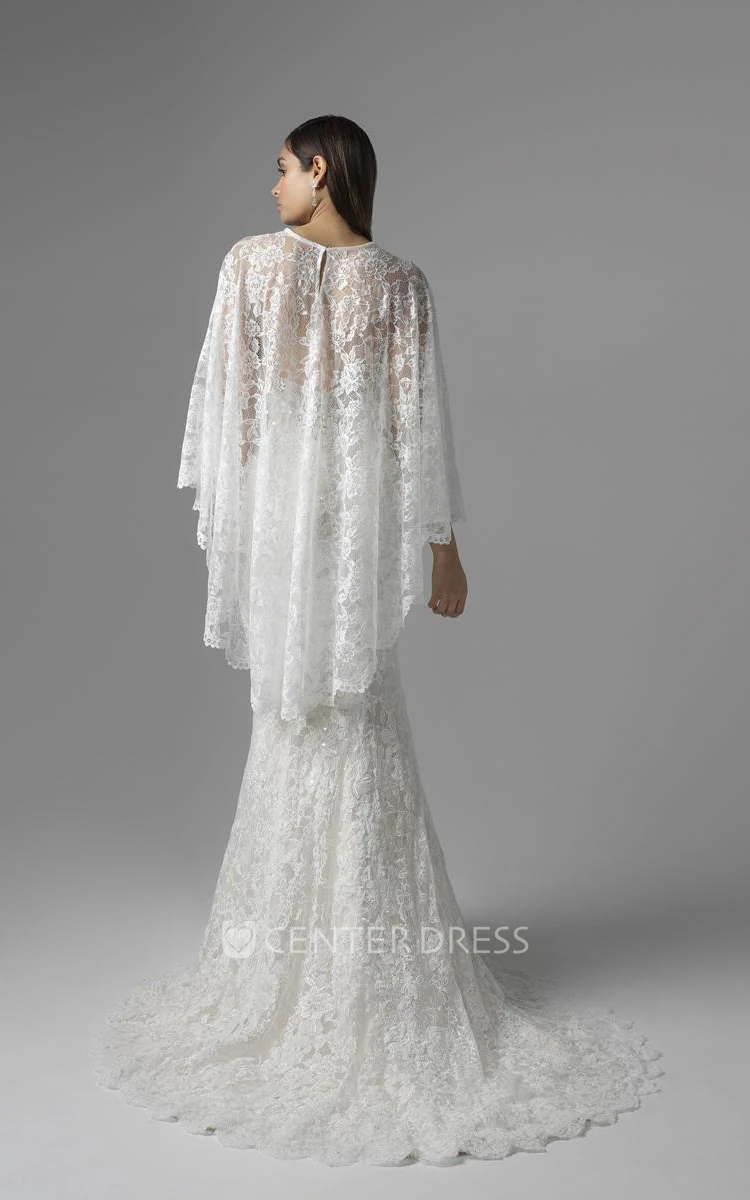 Sheath Appliqued Long Jewel Bat-Sleeve Lace Wedding Dress With Brush Train And Illusion Back