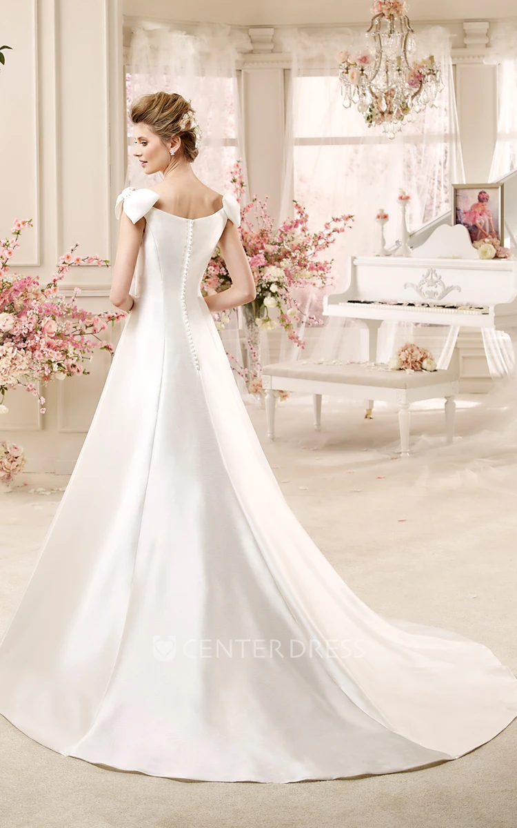 Jewel-Neck A-Line Satin Wedding Dress With Bow On Shoulders And Brush Train