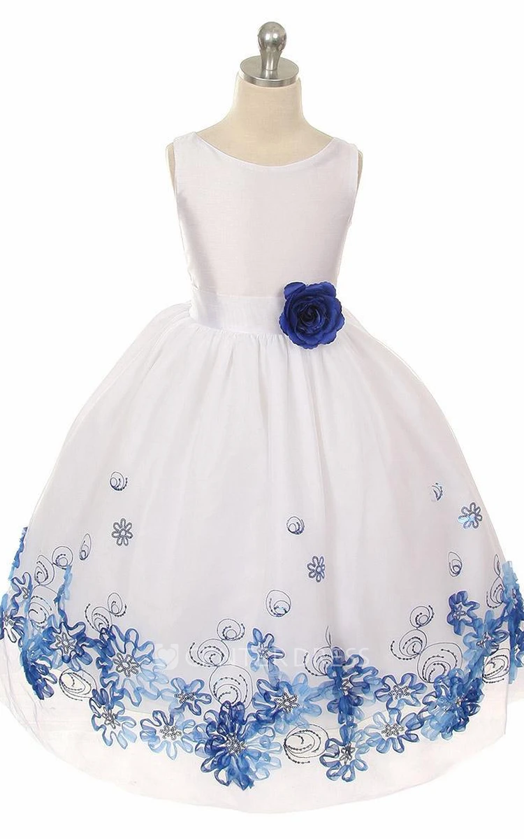 Tea-Length Beaded Tiered Tulle&Sequins Flower Girl Dress