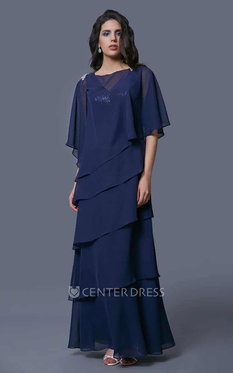 Layered Chiffon V-Neck Mother of the Bride Dress With Sequined Bust and Matching Cowl