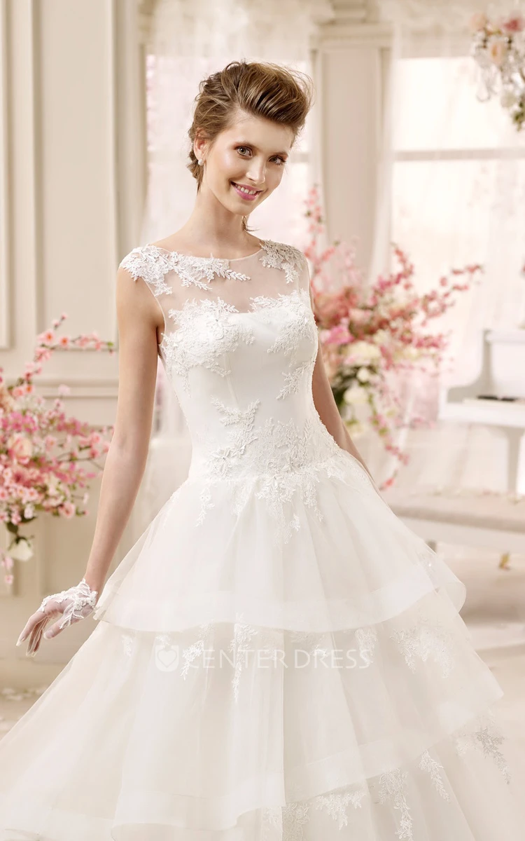 Cap sleeve A-line Wedding Dress with Tiers Skirt and Illusive Design