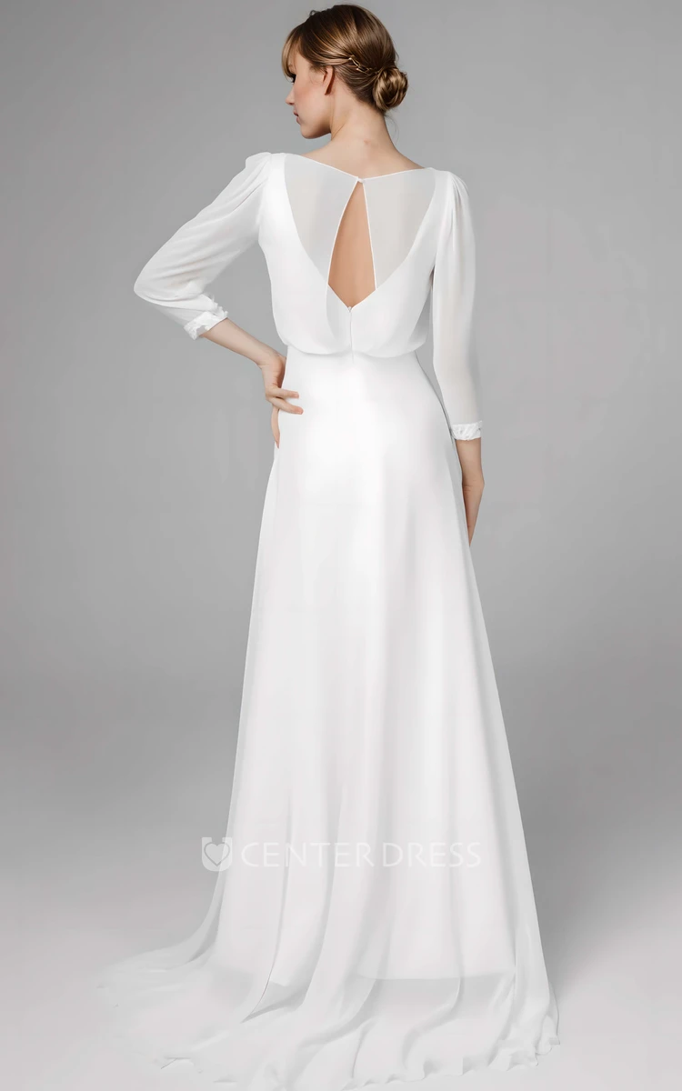 Simple Casual Country Garden A-Line Long Sleeve Bateau Wedding Dress with Zipper Back