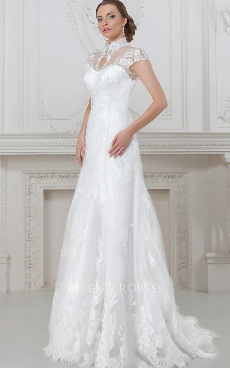 A-Line Cap-Sleeve Maxi High Neck Lace Wedding Dress With Corset Back