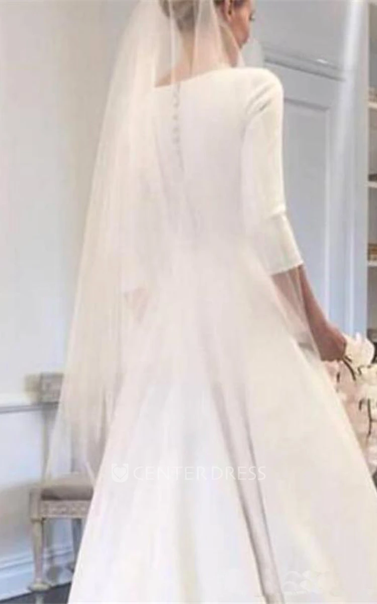 Modest Satin A-line 3/4 Sleeve Ruched Bridal Gown