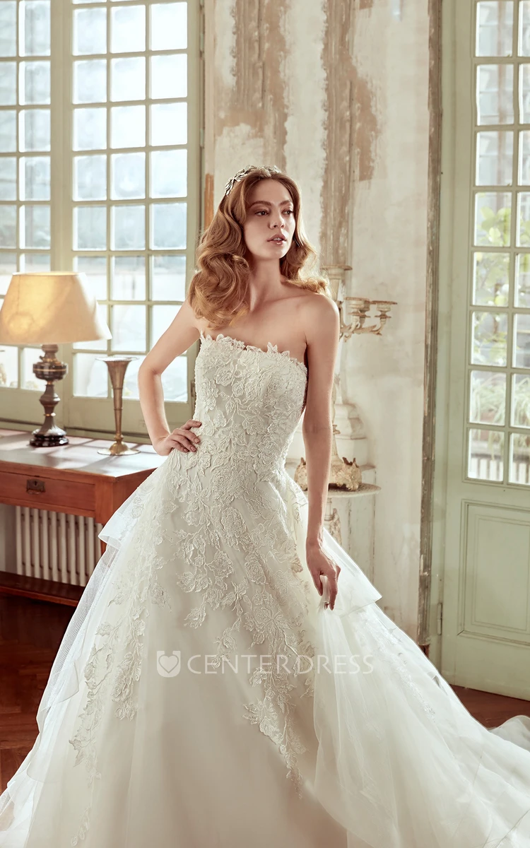 Strapless A-Line Wedding Dress with Lace Embroidered Bodice and Multi-layer Tulle Skirt 