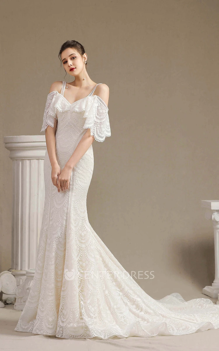 Fancy Cute Half Sleeve Off-the-shoulder With Straps Lace Mermaid Wedding Dress