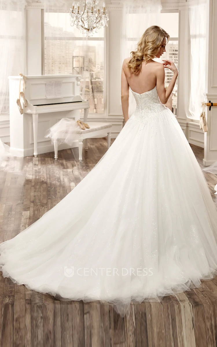 Sweetheart Beaded Long Wedding Dress With Ruching Tulle Skirt And Invert-V Waist