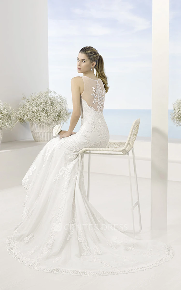 Mermaid Appliqued Floor-Length Sleeveless Spaghetti Lace Wedding Dress With Court Train And Illusion Back