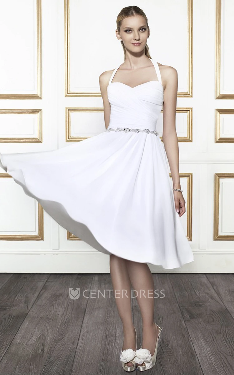 Knee-Length Halter Criss-Cross Chiffon Wedding Dress With Waist Jewellery And V Back