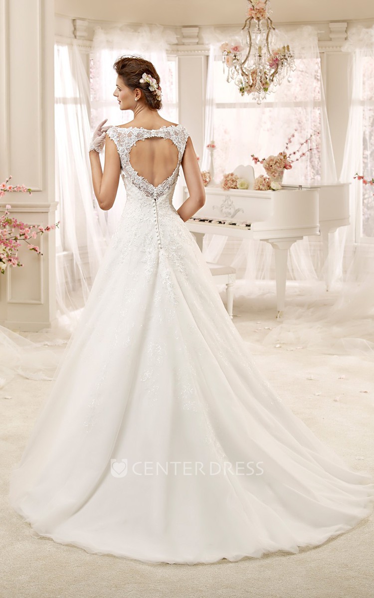 Jewel neck A line Wedding Dress with Illusive Design and Keyhole Back