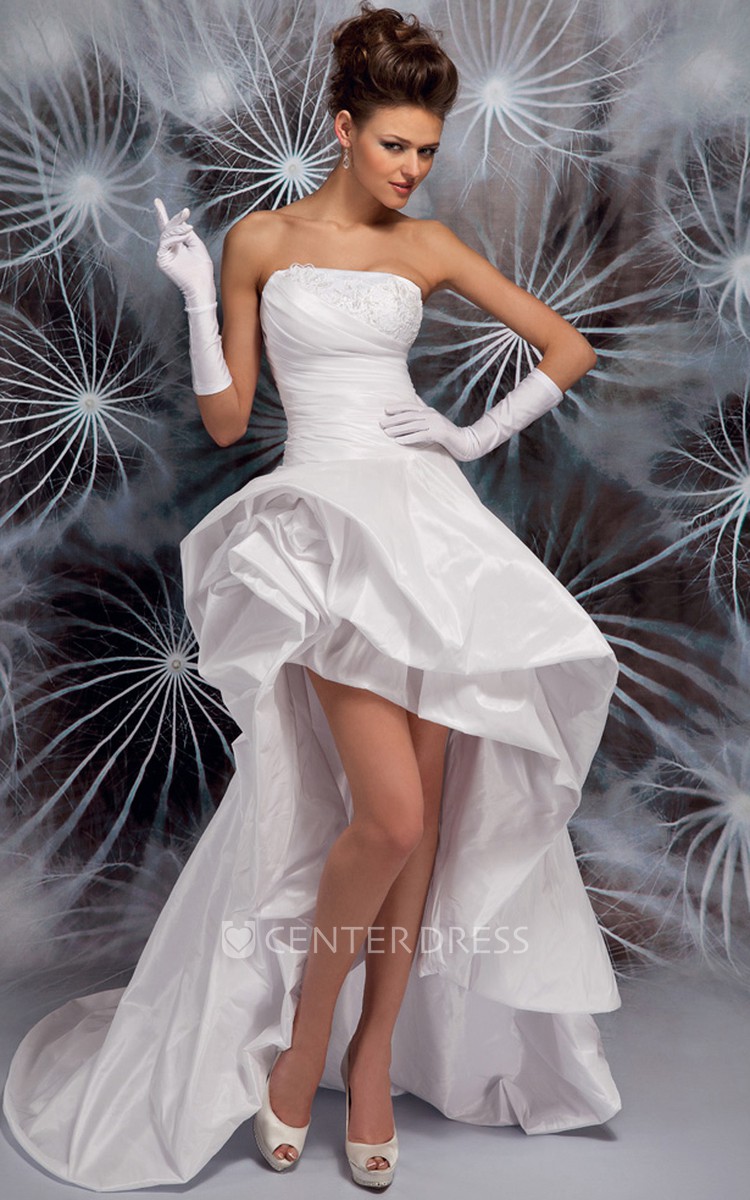 High Low Strapless Ruffled Appliqued Satin Wedding Dress With