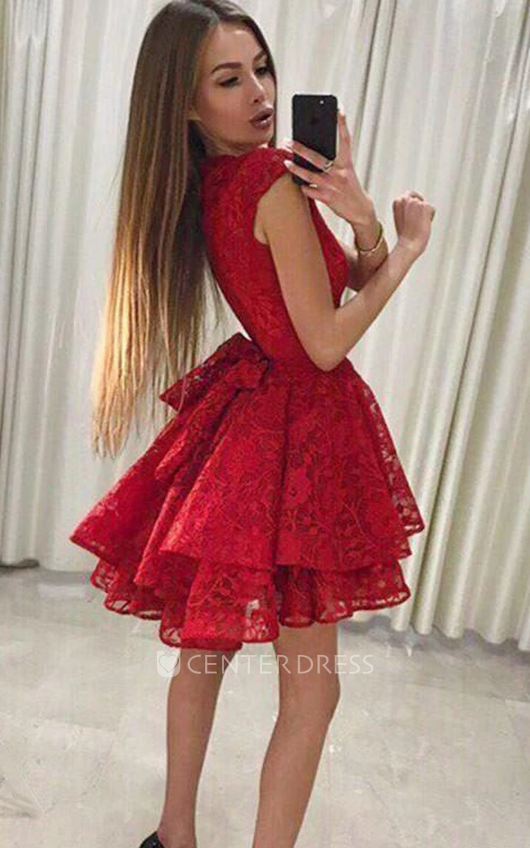 Adorable A Line Lace Jewel Short Sleeve with Bow and Petals Homecoming Dress