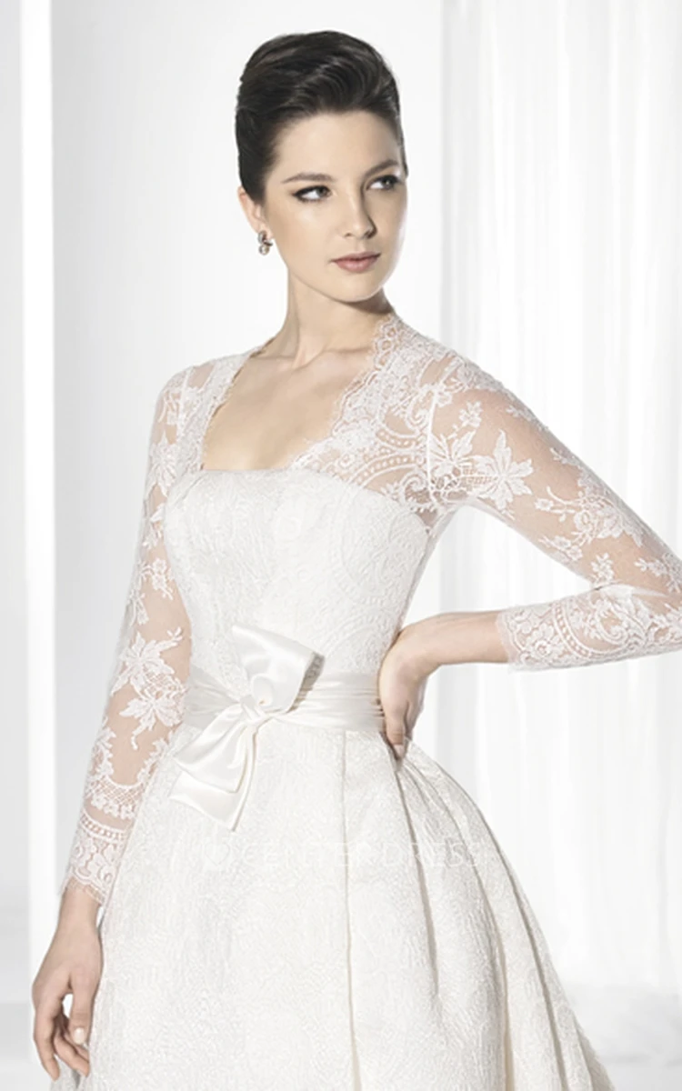 Ball Gown Square-Neck Floor-Length Long-Sleeve Lace Wedding Dress With Bow And Illusion