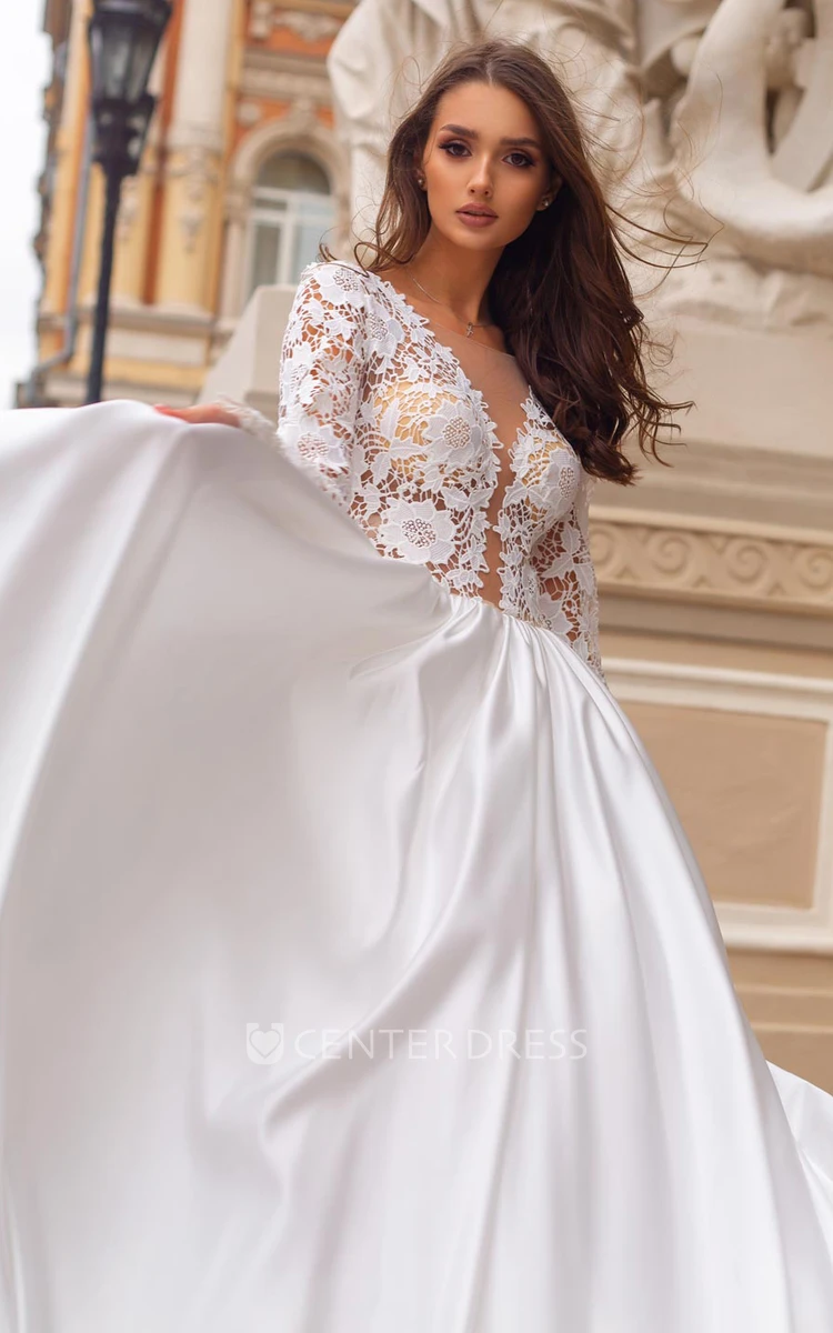 Elegant Satin V-neck Sheath Sleeveless Sweep Train Floor-length Low-V Back  Wedding Dress