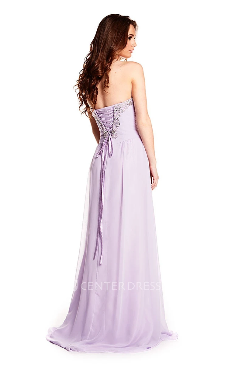 Sleeveless Ruched Sweetheart Chiffon Prom Dress With Beading And Lace-Up