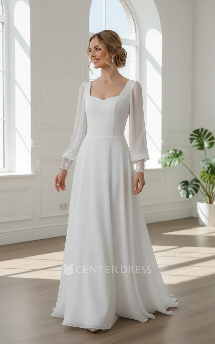 Casual Romantic Elegant A-Line Long Sleeve Satin Spring Wedding Dress with Floor Length and Button Zipper Back