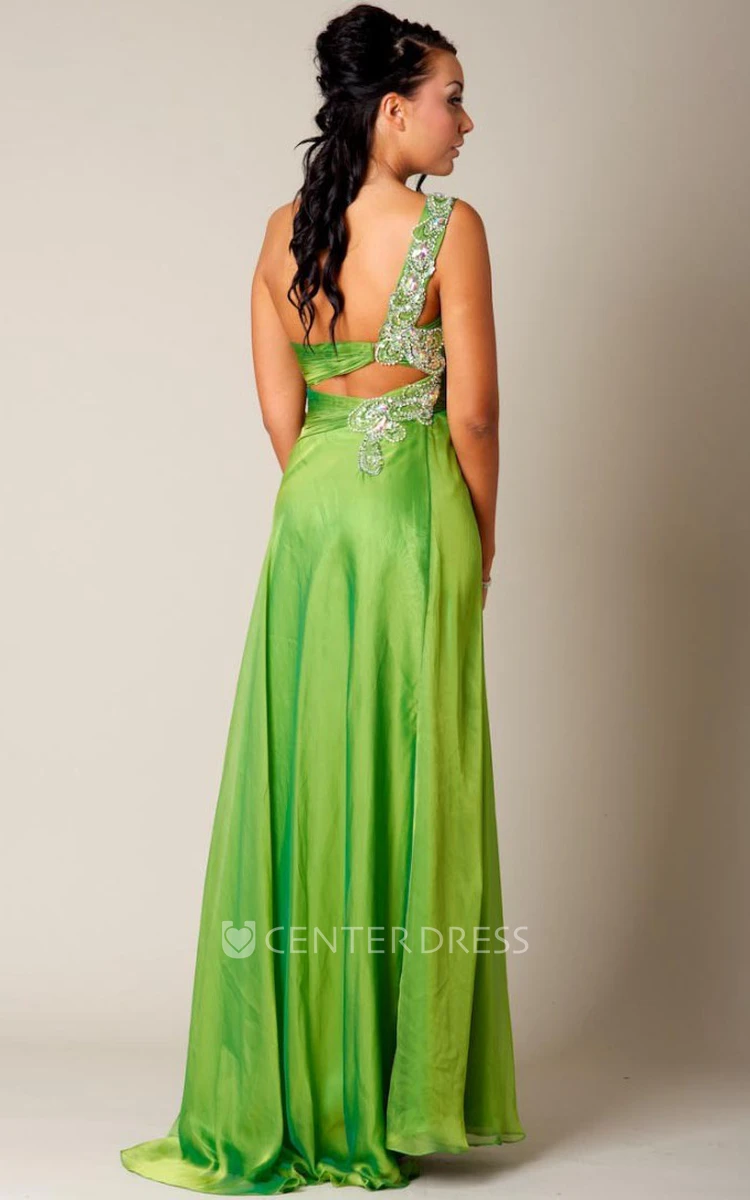 Sheath Beaded Sleeveless Long One-Shoulder Prom Dress With Ruching And Draping
