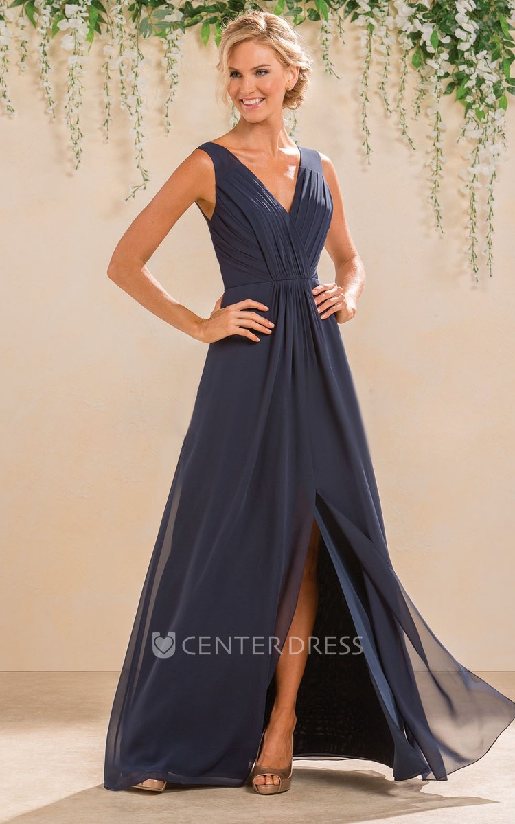 V Neck Sleeveless A Line Gown With Front Slit And V Back UCenter Dress