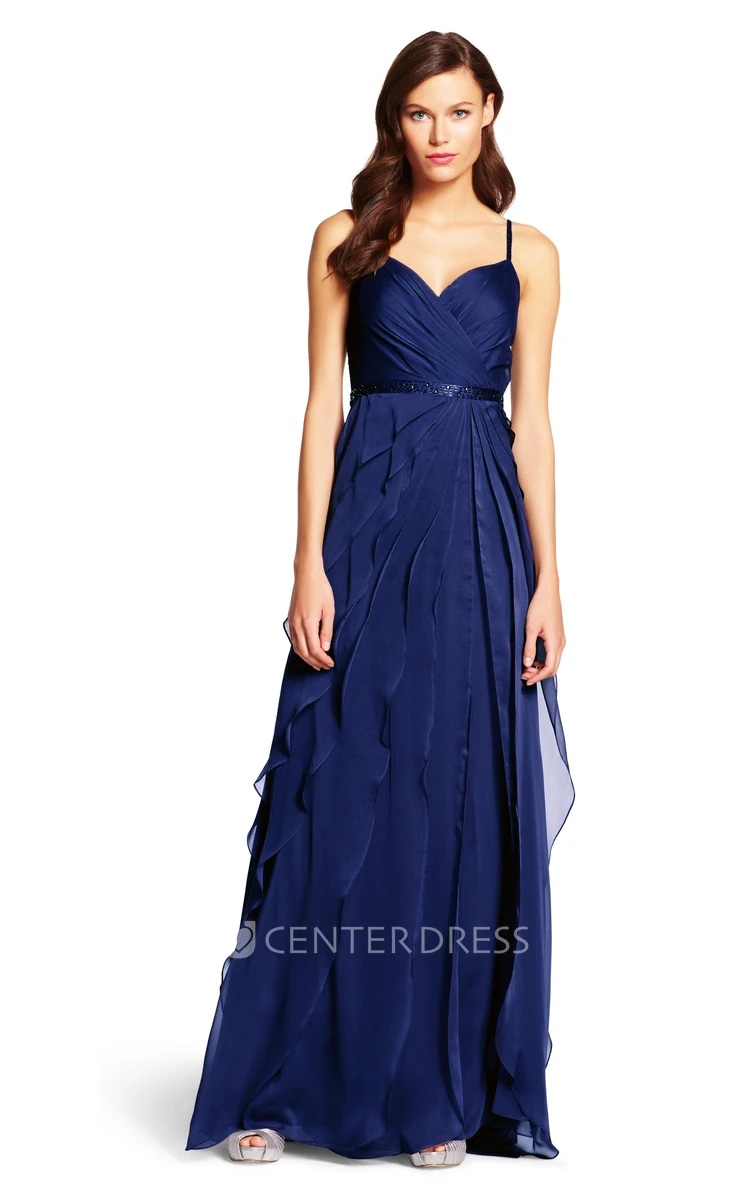 A-Line Ruched Spaghetti Sleeveless Floor-Length Chiffon Bridesmaid Dress With Waist Jewellery And Draping