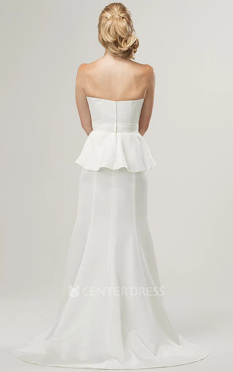 Sheath Floor-Length Sleeveless Strapless Peplum Satin Wedding Dress With Broach And Ruching