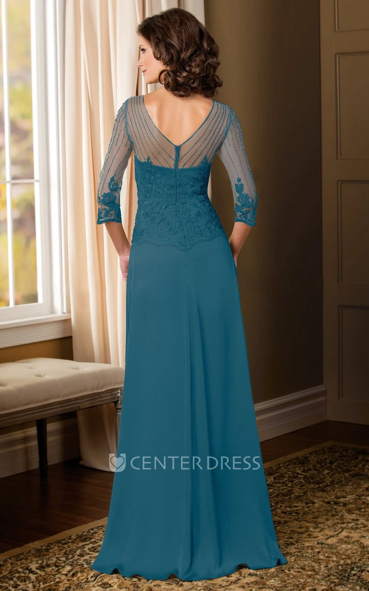 Sheath Appliqued Illusion-Sleeve V-Neck Floor-Length Chiffon Mother Of The Bride Dress With Waist Jewellery