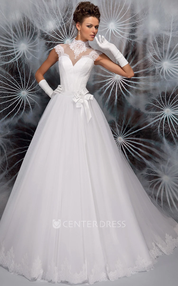 Ball Gown Long High Neck Sleeveless Tulle Wedding Dress With Appliques And Corset Back