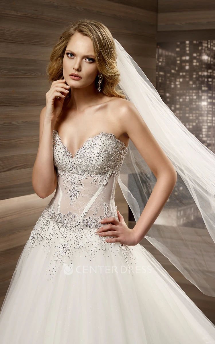 Sweetheart Brush-train A-line Wedding Dress with Beaded Illusion Corset 