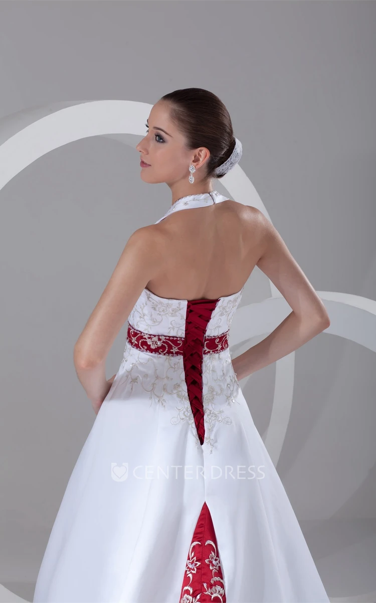 Halter Sleeveless A-line Satin Wedding Dress with Beading and Sash