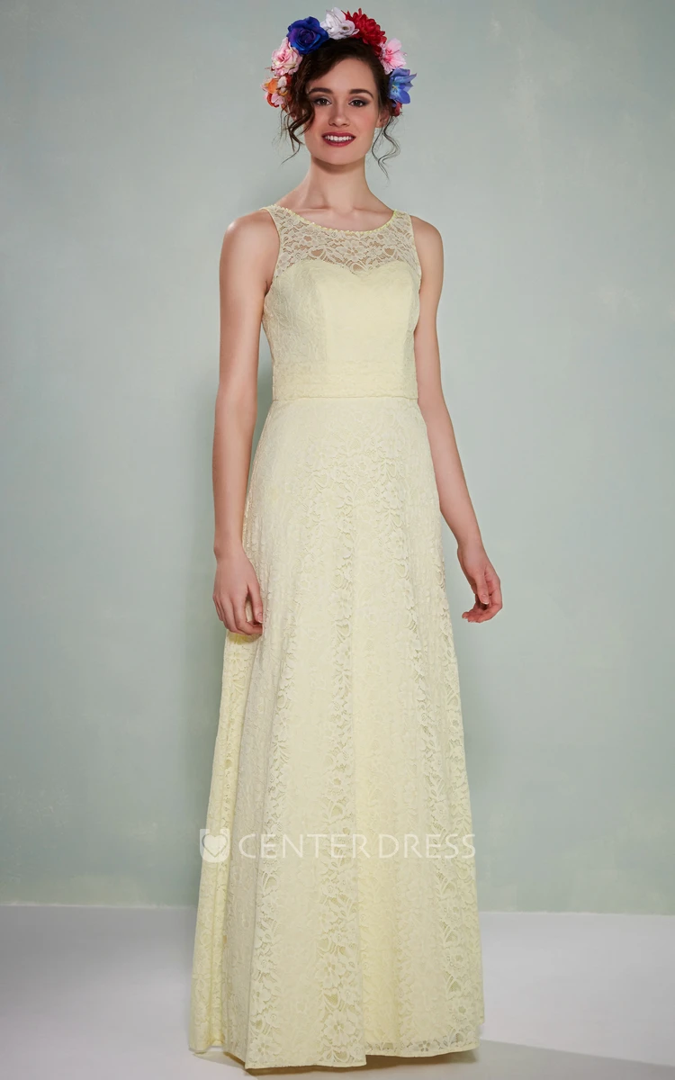 Scoop Neck Sleeveless Lace Bridesmaid Dress With Low-V Back