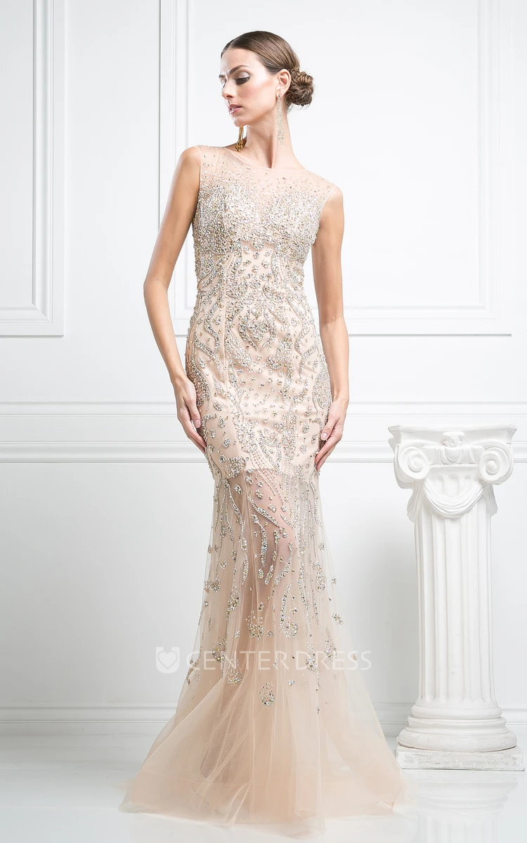 Mermaid Long Jewel-Neck Sleeveless Tulle Illusion Dress With Crystal Detailing