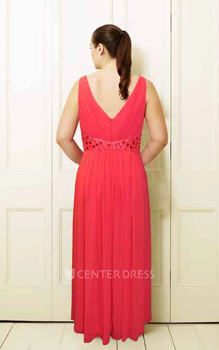Sleeveless V-Neck Maxi Beaded Chiffon Plus Size Prom Dress With Pleats
