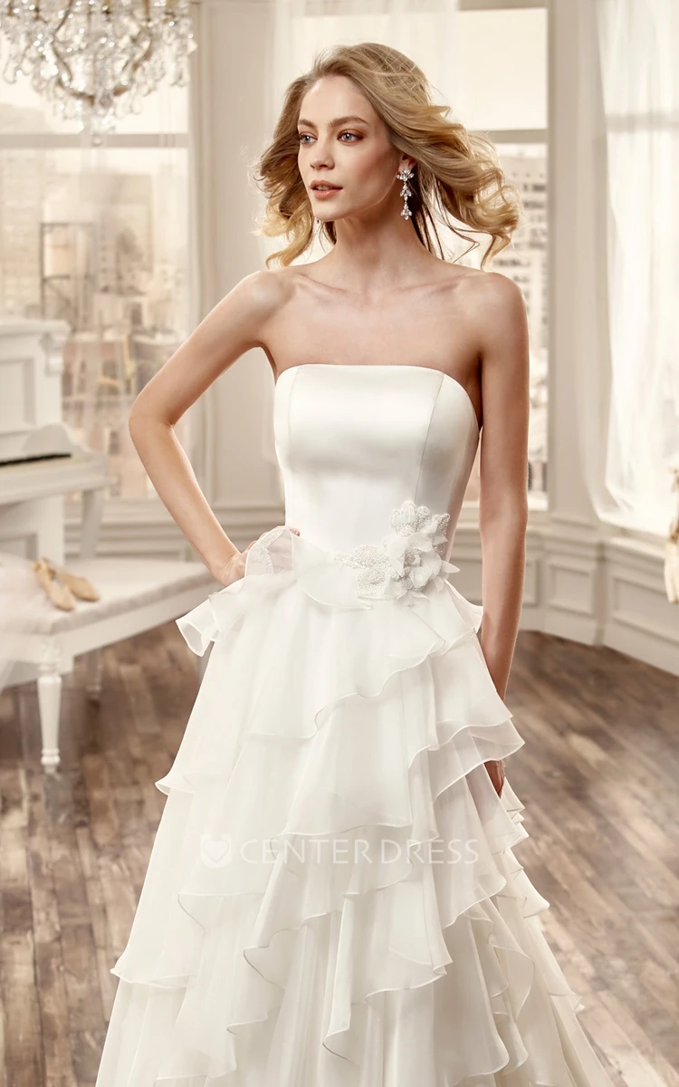 Strapless Long Wedding Dress With Cascading Ruching And Side Floral Waist
