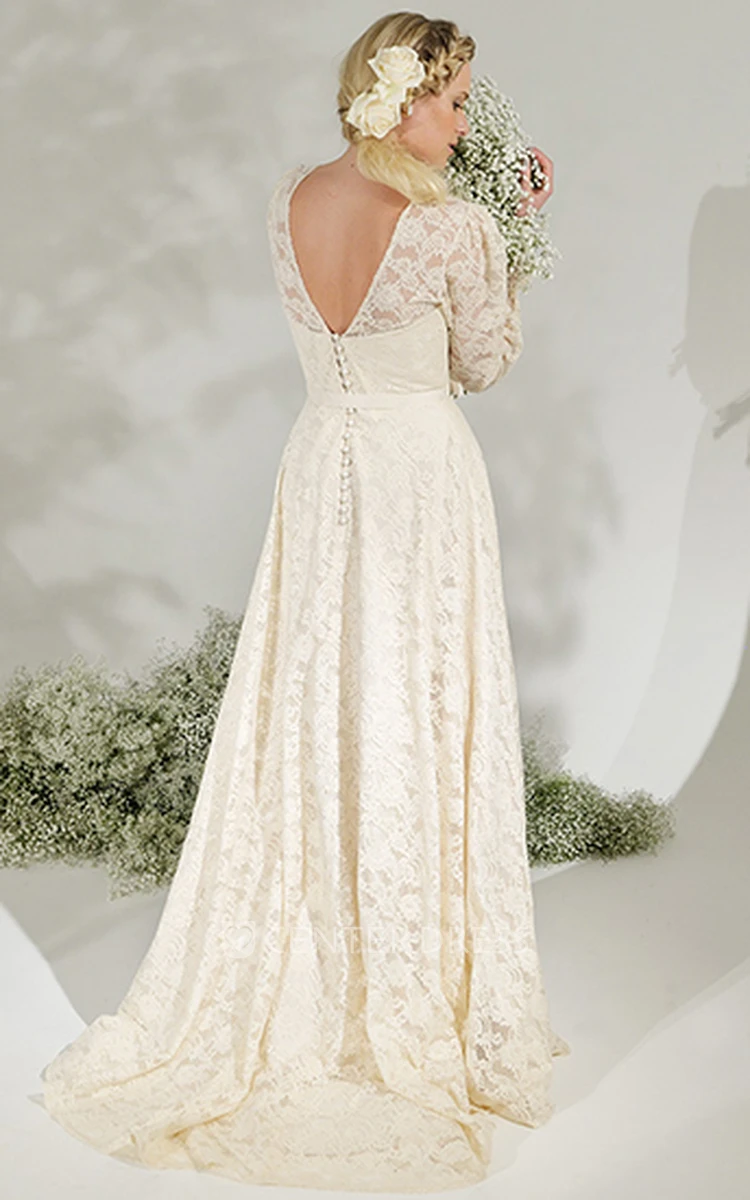 High Neck Long Puff-Sleeve Lace Wedding Dress With Sweep Train And V Back