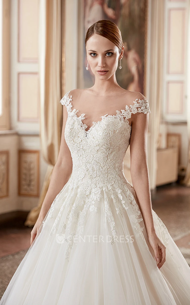 A-Line Floor-Length Cap-Sleeve Appliqued Scoop-Neck Lace Wedding Dress